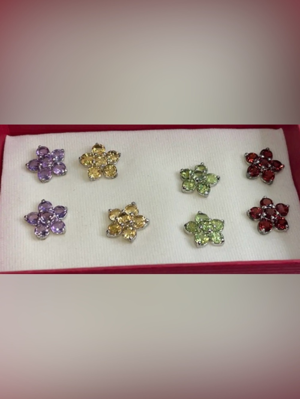 Vintage Floral Crystal Stud Earrings Set in Yellow, Green, Purple & Red